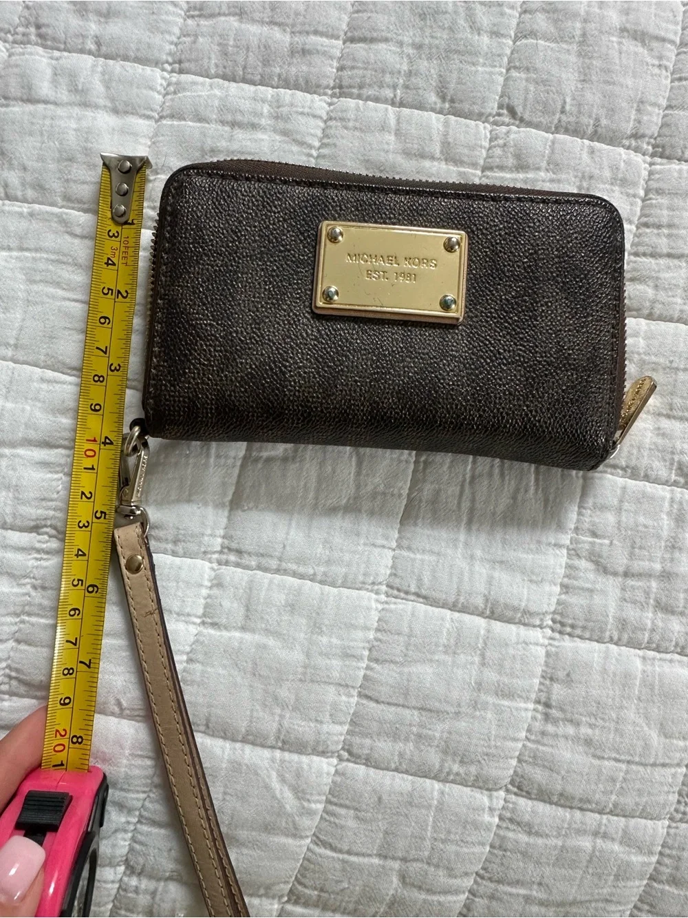 Michael Kors Dark Brown Zip Wristlet with Gold Plate